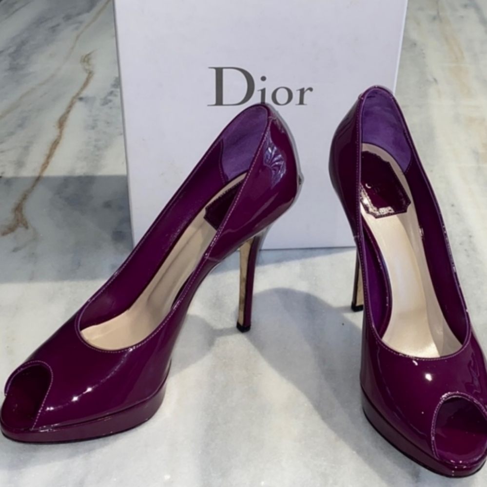 MISS DIOR Logo Classic Peep Toe Pumps Patent Leather Platform Stiletto High Heel - Picture 5 of 16